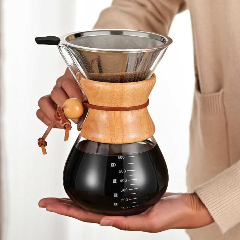 Cafetieră din sticlă borosilicată, rezistentă la temperaturi, mâner din lemn, pentru preparare manuală a cafelei, pentru cold brew în stil italian, uz casnic