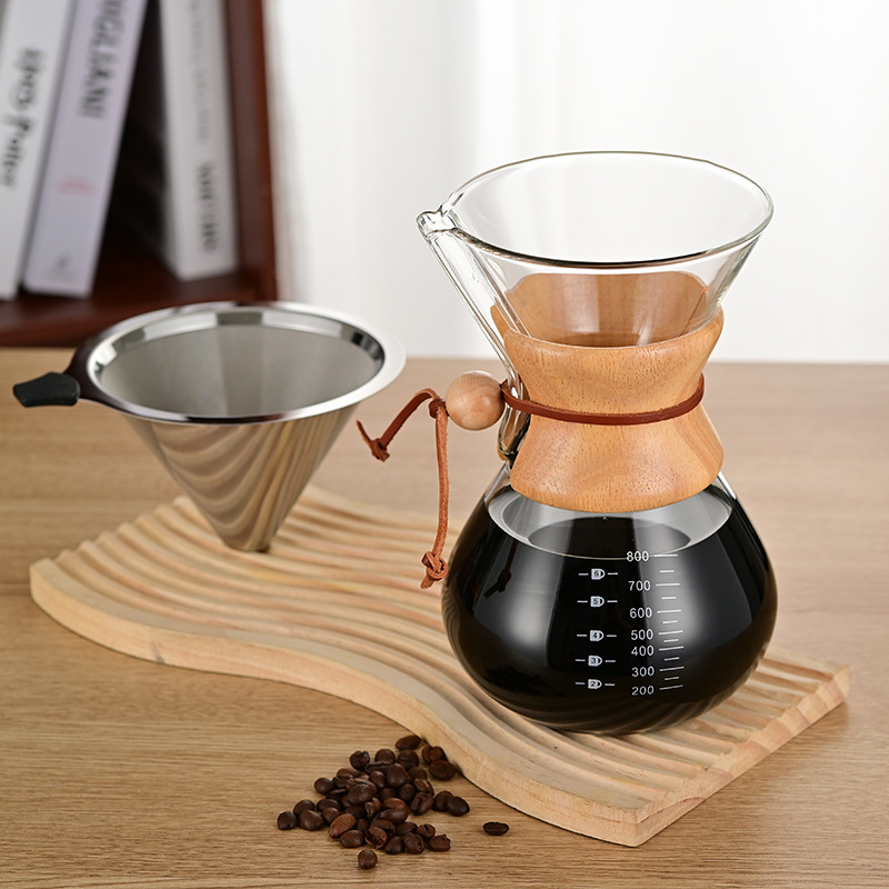 Cafetieră din sticlă borosilicată, rezistentă la temperaturi, mâner din lemn, pentru preparare manuală a cafelei, pentru cold brew în stil italian, uz casnic