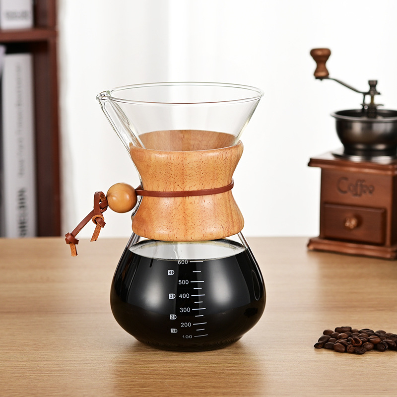 Cafetieră din sticlă borosilicată, rezistentă la temperaturi, mâner din lemn, pentru preparare manuală a cafelei, pentru cold brew în stil italian, uz casnic