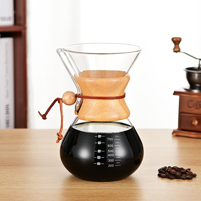 Cafetieră din sticlă borosilicată, rezistentă la temperaturi, mâner din lemn, pentru preparare manuală a cafelei, pentru cold brew în stil italian, uz casnic