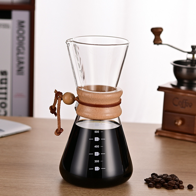 Cafetieră din sticlă borosilicată, rezistentă la temperaturi, mâner din lemn, pentru preparare manuală a cafelei, pentru cold brew în stil italian, uz casnic