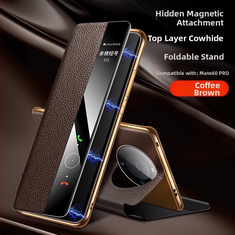 Kućište Huawei Mate60 Pro od prave kože s potpunim pokrivanjem, pametnom zaštitom od pada i magnetskim postoljem 60RS