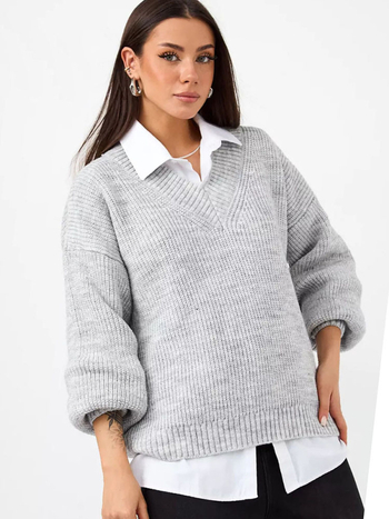 Női oversize V-nyakú pulóver, Plusz méret, laza szabás, őszi–téli felső