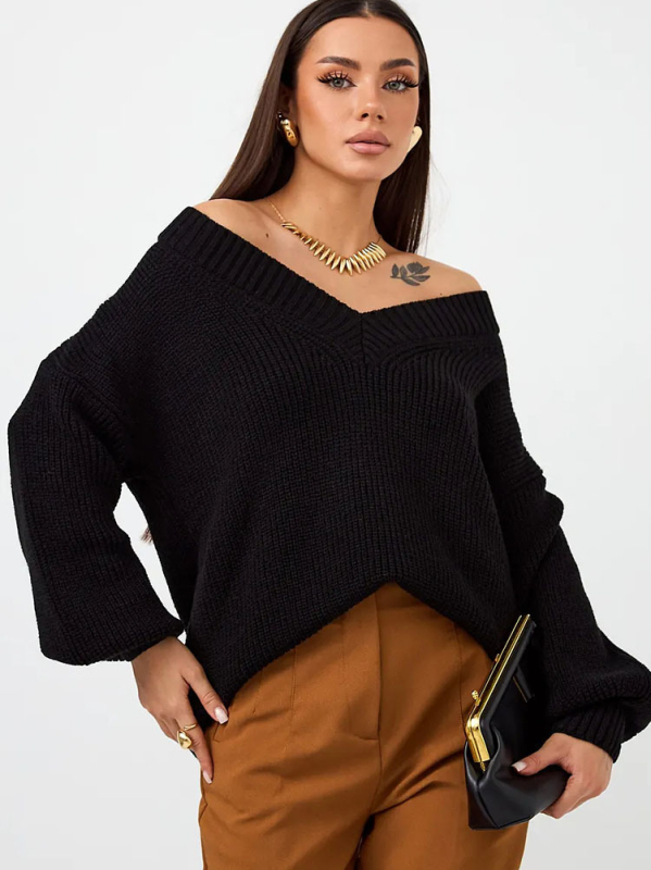Női oversize V-nyakú pulóver, Plusz méret, laza szabás, őszi–téli felső