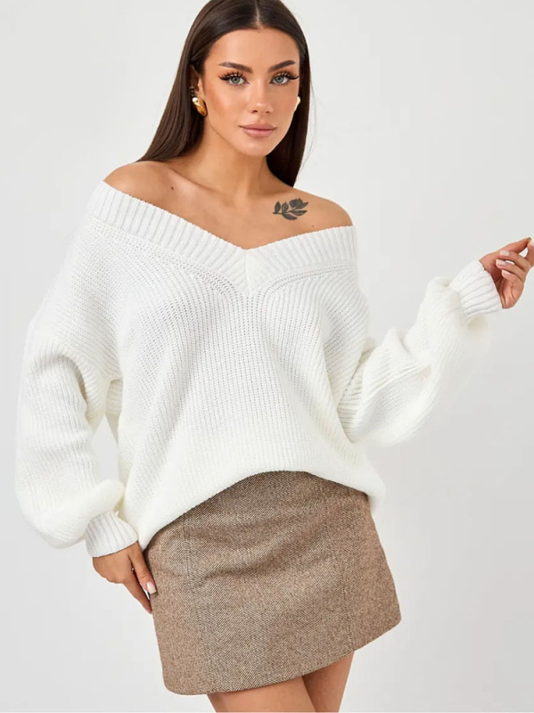 Női oversize V-nyakú pulóver, Plusz méret, laza szabás, őszi–téli felső