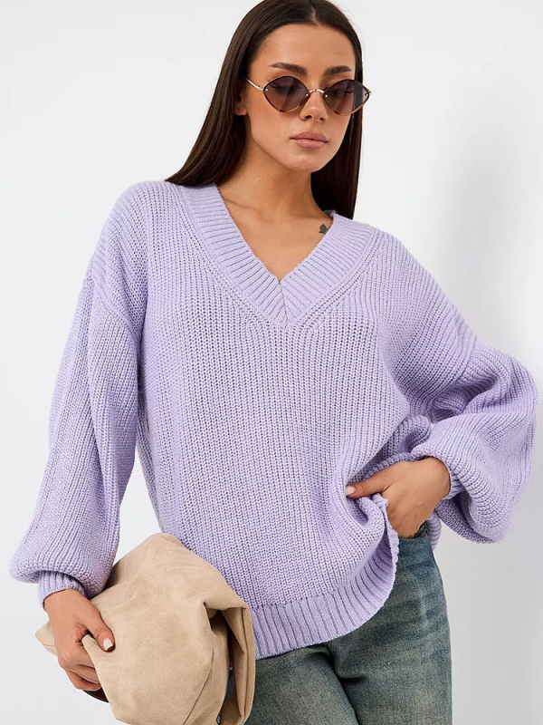 Női oversize V-nyakú pulóver, Plusz méret, laza szabás, őszi–téli felső
