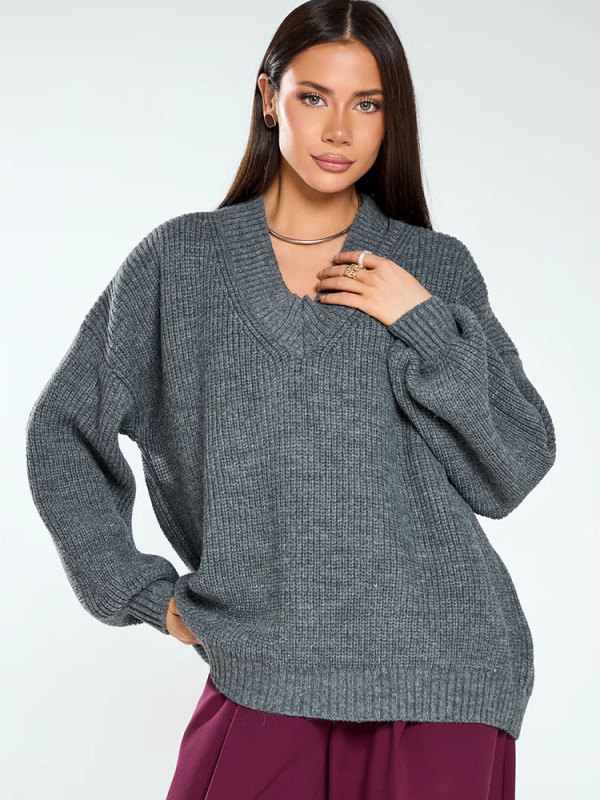 Női oversize V-nyakú pulóver, Plusz méret, laza szabás, őszi–téli felső