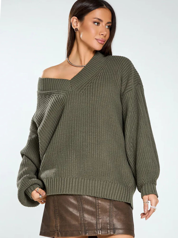 Női oversize V-nyakú pulóver, Plusz méret, laza szabás, őszi–téli felső