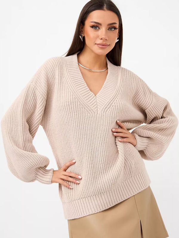 Női oversize V-nyakú pulóver, Plusz méret, laza szabás, őszi–téli felső
