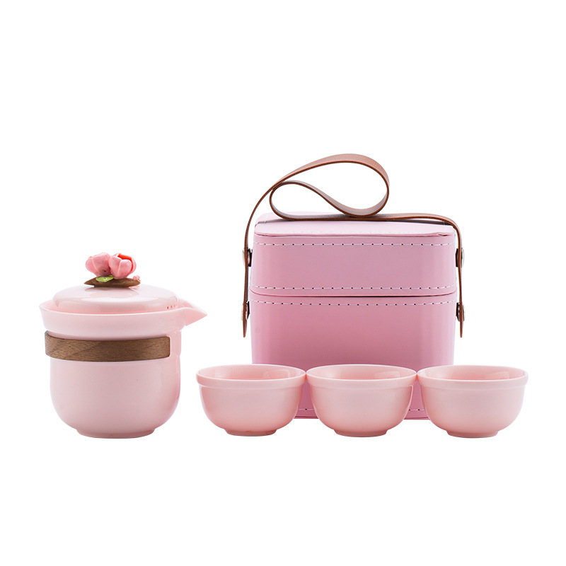 Set de ceai ceramic pentru călătorii: ceainic portabil cu trei cești pentru camping