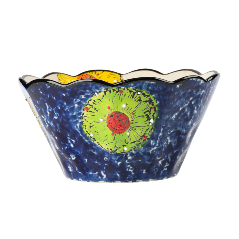 Set de boluri și farfurii ceramice în stil boem etnic, cu motive florale, pictat manual, sub glazură, pentru uz casnic; include boluri mari pentru supă și linguri