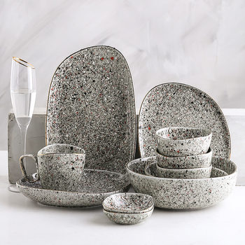 Set ceramic de masă cu glazură Yuhua, copt în cuptorul kiln-fired, vintage, potrivit pentru microunde, margine aurie, boluri de orez neregulate, bol de supă și farfurie occidentală