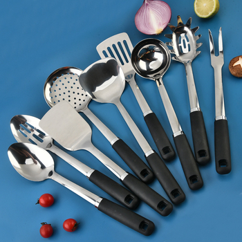 Set de spatule din oțel inoxidabil, mâner din plastic rezistent la temperaturi, include lingură pentru supă și lingură cu găuri