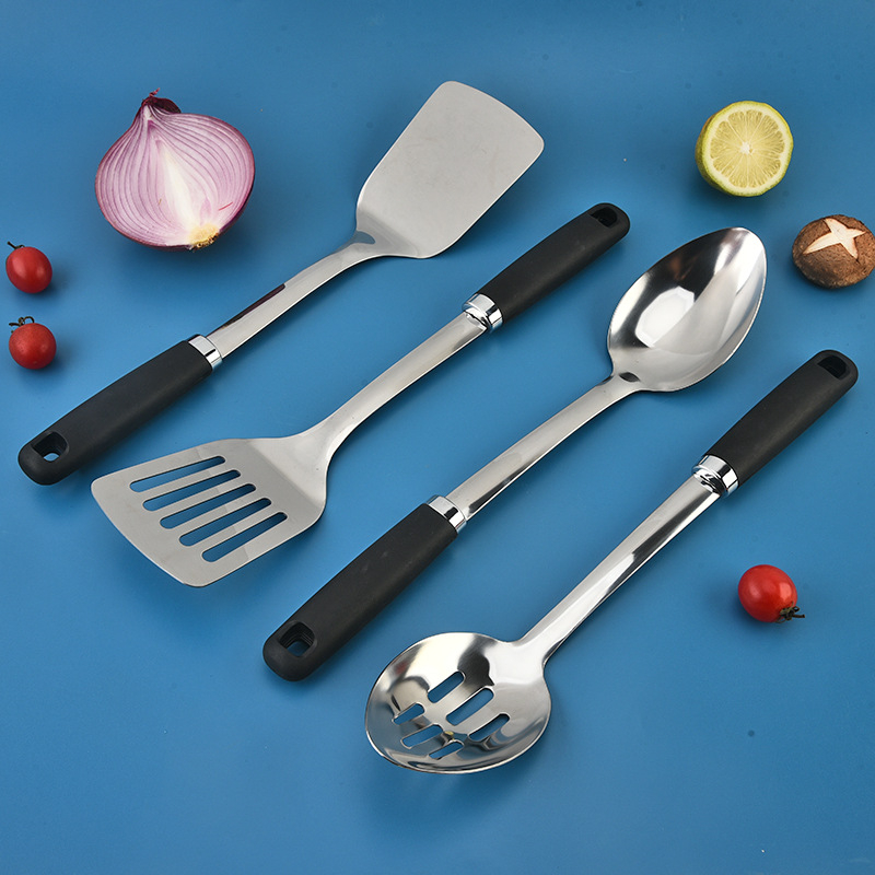Set de spatule din oțel inoxidabil, mâner din plastic rezistent la temperaturi, include lingură pentru supă și lingură cu găuri