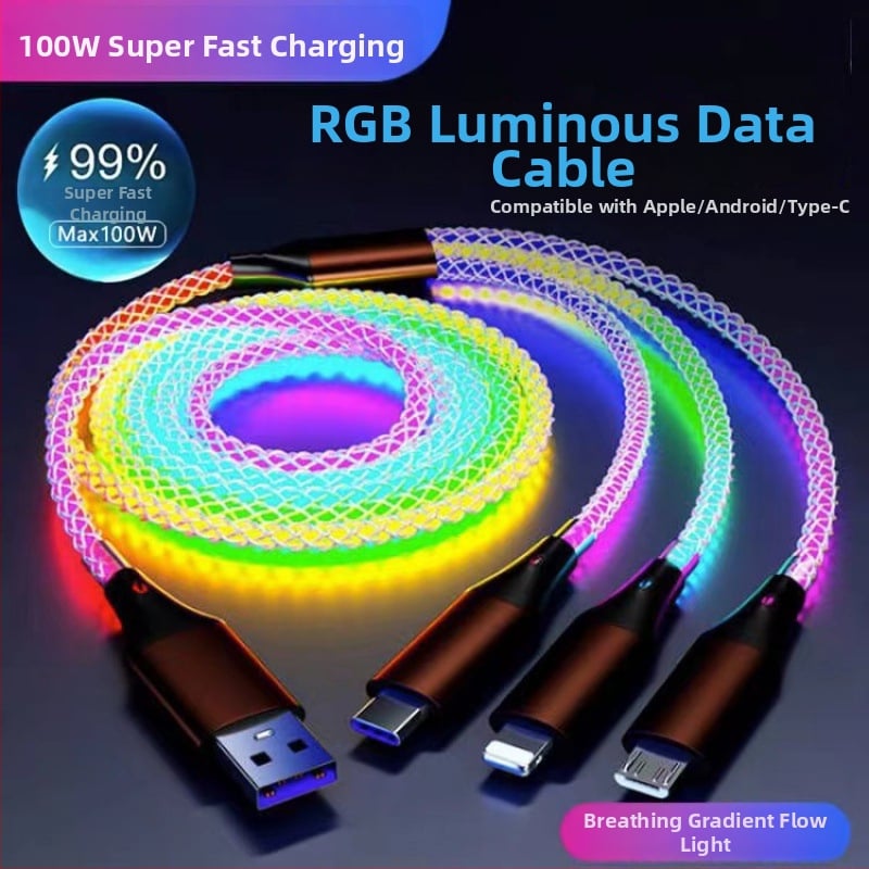 6A PD rýchle nabíjanie farebný RGB USB-C dátový kábel s tromi konektormi v jednom