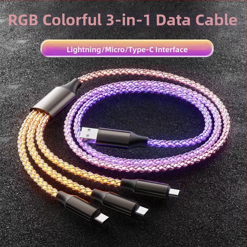 6A PD rýchle nabíjanie farebný RGB USB-C dátový kábel s tromi konektormi v jednom