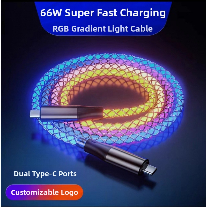 6A PD rýchle nabíjanie farebný RGB USB-C dátový kábel s tromi konektormi v jednom