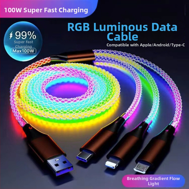 6A PD rýchle nabíjanie farebný RGB USB-C dátový kábel s tromi konektormi v jednom
