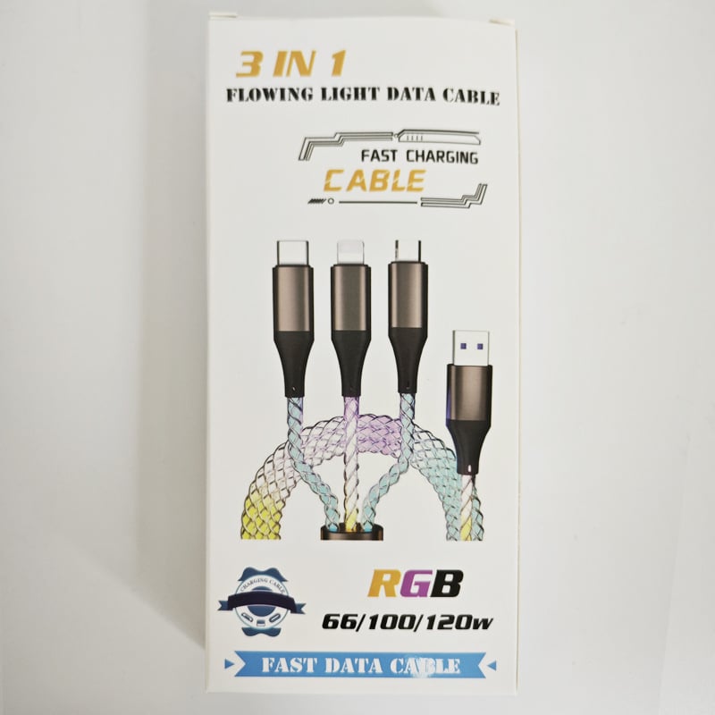 Καλώδιο δεδομένων USB‑C με PD γρήγορη φόρτιση 6A, RGB φωτισμό, με τριπλό συνδετήρα