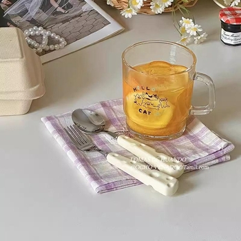 Stil Instagram: lingură pentru iaurt și lingură de orez, mâner ceramic crem, tacâm din oțel inoxidabil (lingură, furculiță, cuțit) pentru micul dejun occidental