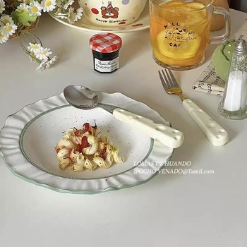 Stil Instagram: lingură pentru iaurt și lingură de orez, mâner ceramic crem, tacâm din oțel inoxidabil (lingură, furculiță, cuțit) pentru micul dejun occidental