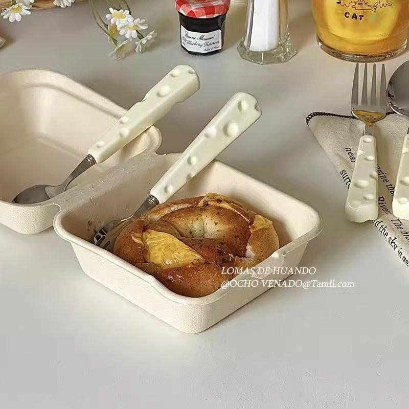 Stil Instagram: lingură pentru iaurt și lingură de orez, mâner ceramic crem, tacâm din oțel inoxidabil (lingură, furculiță, cuțit) pentru micul dejun occidental