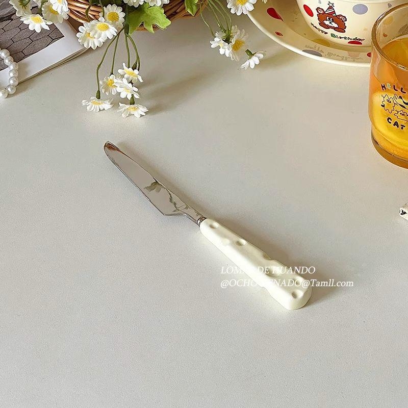 Stil Instagram: lingură pentru iaurt și lingură de orez, mâner ceramic crem, tacâm din oțel inoxidabil (lingură, furculiță, cuțit) pentru micul dejun occidental