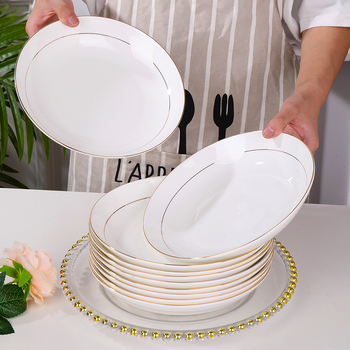 Farfurie din porțelan de oase cu margine aurie, rotundă, pentru friptură, paste și mic dejun; suprafață pictată manual; patru dimensiuni: 10–10.9 cm, 12–12.9 cm, 16–16.9 cm, 18–18.9 cm