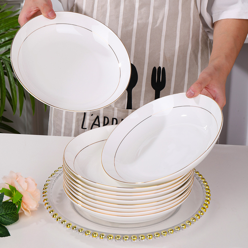 Farfurie din porțelan de oase cu margine aurie, rotundă, pentru friptură, paste și mic dejun; suprafață pictată manual; patru dimensiuni: 10–10.9 cm, 12–12.9 cm, 16–16.9 cm, 18–18.9 cm