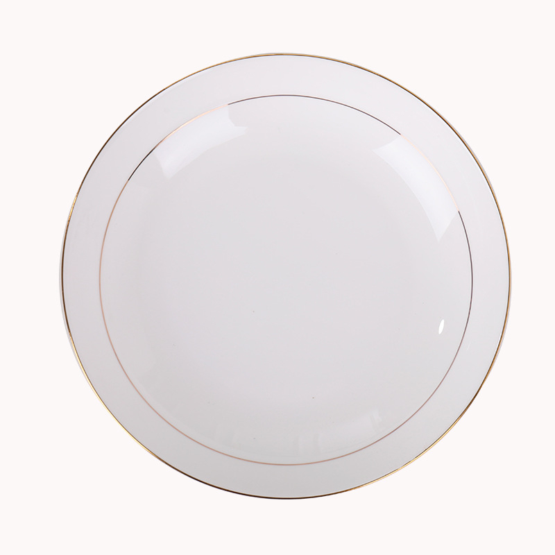 Farfurie din porțelan de oase cu margine aurie, rotundă, pentru friptură, paste și mic dejun; suprafață pictată manual; patru dimensiuni: 10–10.9 cm, 12–12.9 cm, 16–16.9 cm, 18–18.9 cm