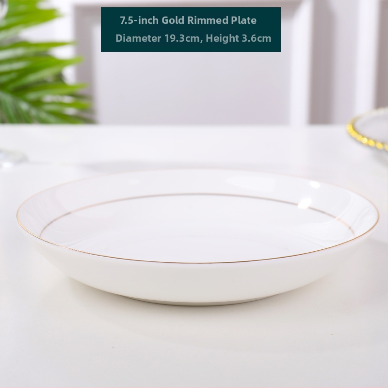 Farfurie din porțelan de oase cu margine aurie, rotundă, pentru friptură, paste și mic dejun; suprafață pictată manual; patru dimensiuni: 10–10.9 cm, 12–12.9 cm, 16–16.9 cm, 18–18.9 cm