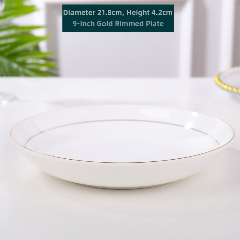 Farfurie din porțelan de oase cu margine aurie, rotundă, pentru friptură, paste și mic dejun; suprafață pictată manual; patru dimensiuni: 10–10.9 cm, 12–12.9 cm, 16–16.9 cm, 18–18.9 cm