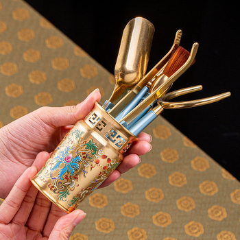Set nou chinezesc colorat din cupru-aluminiu pentru ceremonia ceaiului, cinci piese: clips pentru ceai, linguriță pentru ceai, cuțiș pentru ceai, perie de întreținere a ceainicului, suport pentru ceașcă