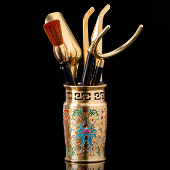 Set nou chinezesc colorat din cupru-aluminiu pentru ceremonia ceaiului, cinci piese: clips pentru ceai, linguriță pentru ceai, cuțiș pentru ceai, perie de întreținere a ceainicului, suport pentru ceașcă