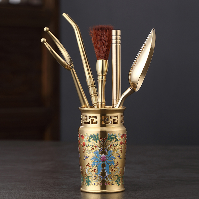 Set nou chinezesc colorat din cupru-aluminiu pentru ceremonia ceaiului, cinci piese: clips pentru ceai, linguriță pentru ceai, cuțiș pentru ceai, perie de întreținere a ceainicului, suport pentru ceașcă