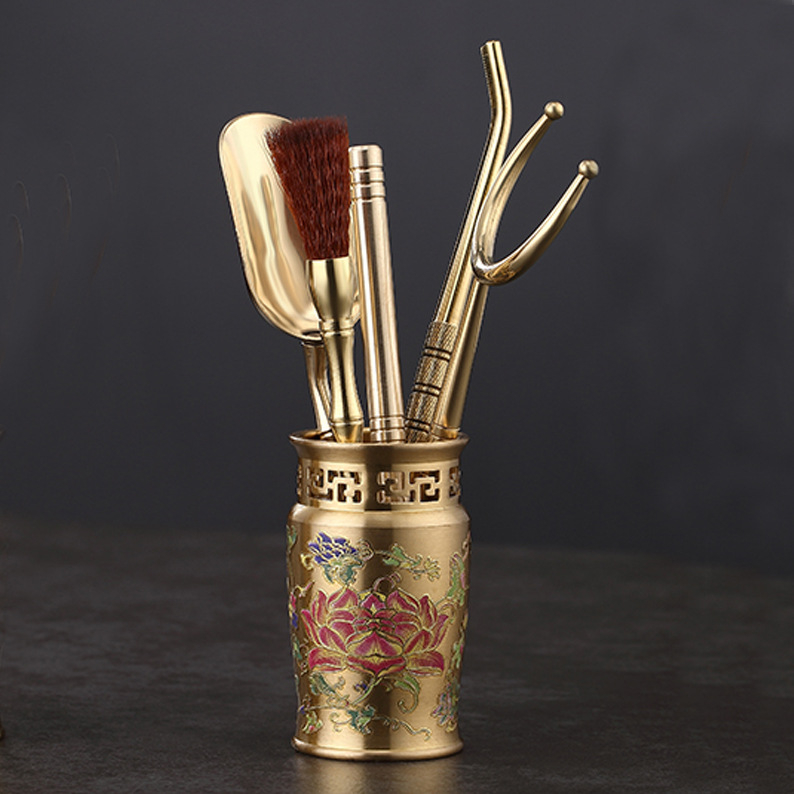 Set nou chinezesc colorat din cupru-aluminiu pentru ceremonia ceaiului, cinci piese: clips pentru ceai, linguriță pentru ceai, cuțiș pentru ceai, perie de întreținere a ceainicului, suport pentru ceașcă
