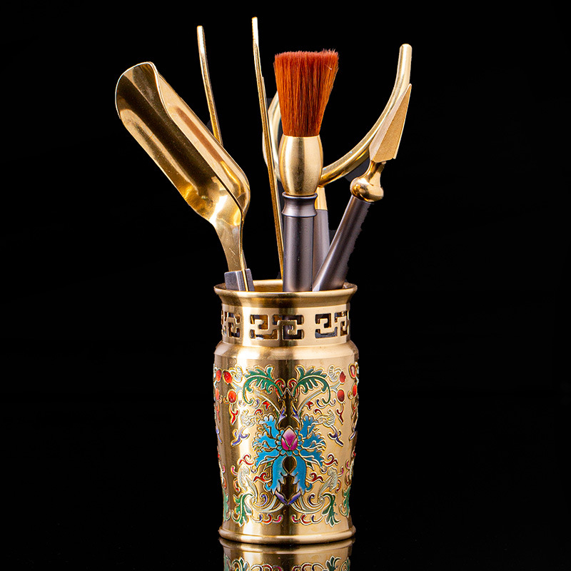 Set nou chinezesc colorat din cupru-aluminiu pentru ceremonia ceaiului, cinci piese: clips pentru ceai, linguriță pentru ceai, cuțiș pentru ceai, perie de întreținere a ceainicului, suport pentru ceașcă