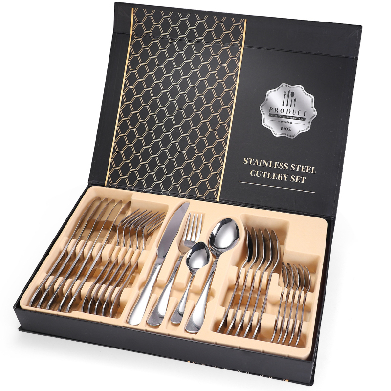 Set tacâmuri din oțel inoxidabil, 24 de piese, cutie cadou, cuțit, furculițe, linguri și linguriță de cafea, stil simplu