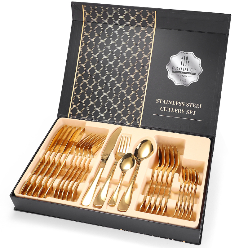 Set tacâmuri din oțel inoxidabil, 24 de piese, cutie cadou, cuțit, furculițe, linguri și linguriță de cafea, stil simplu