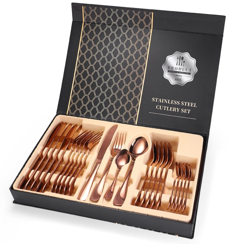 Set tacâmuri din oțel inoxidabil, 24 de piese, cutie cadou, cuțit, furculițe, linguri și linguriță de cafea, stil simplu