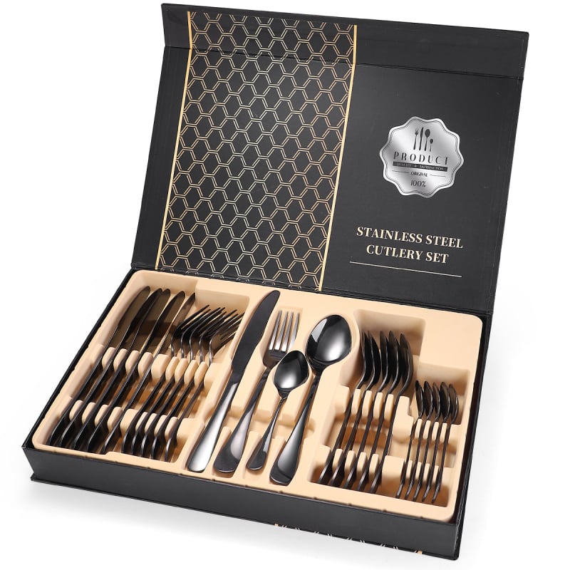 Set tacâmuri din oțel inoxidabil, 24 de piese, cutie cadou, cuțit, furculițe, linguri și linguriță de cafea, stil simplu