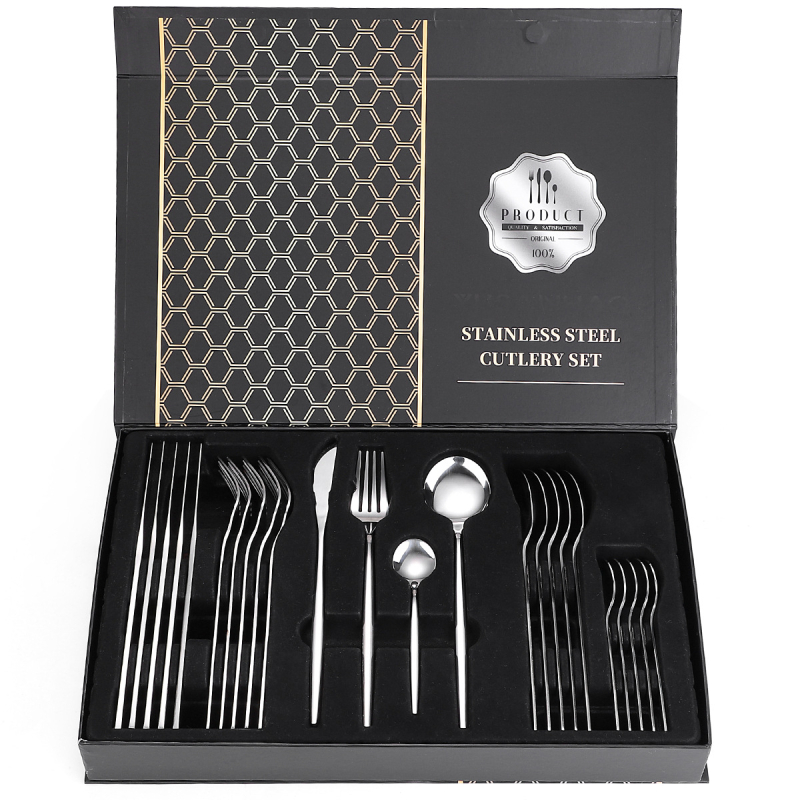 Set tacâmuri din oțel inoxidabil, 24 de piese, cutie cadou, cuțit, furculițe, linguri și linguriță de cafea, stil simplu