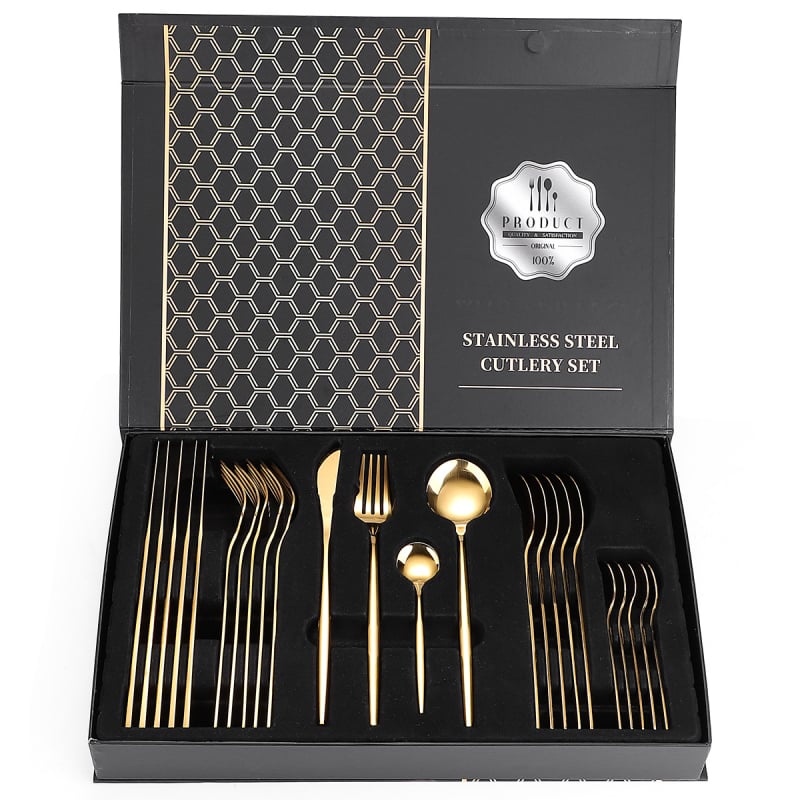 Set tacâmuri din oțel inoxidabil, 24 de piese, cutie cadou, cuțit, furculițe, linguri și linguriță de cafea, stil simplu
