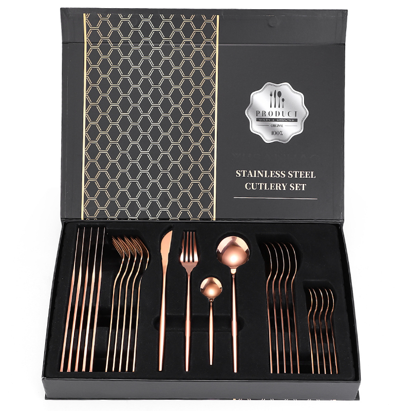 Set tacâmuri din oțel inoxidabil, 24 de piese, cutie cadou, cuțit, furculițe, linguri și linguriță de cafea, stil simplu