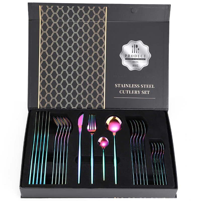 Set tacâmuri din oțel inoxidabil, 24 de piese, cutie cadou, cuțit, furculițe, linguri și linguriță de cafea, stil simplu