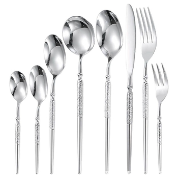 Set creativ din oțel inoxidabil 304 pentru tacâmuri occidentale, cu textură ciocănită și design stea-diamant: cuțit pentru friptură, furculiță, lingură și linguriță de desert