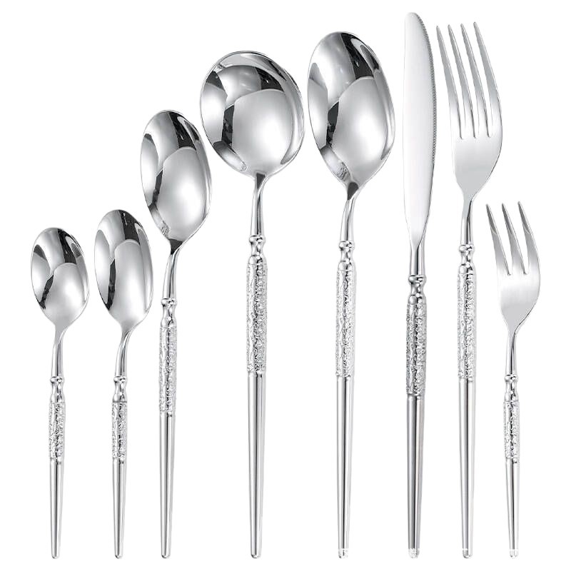 Set creativ din oțel inoxidabil 304 pentru tacâmuri occidentale, cu textură ciocănită și design stea-diamant: cuțit pentru friptură, furculiță, lingură și linguriță de desert