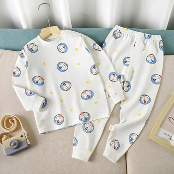 Set de pijamale din bumbac pentru copii, imprimeu desen animat, stil proaspăt și casual, confortabil pentru primăvară și toamnă, pentru băieți și fete.