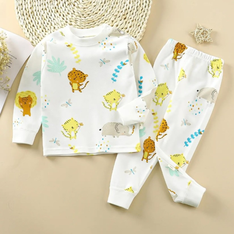 Set de pijamale din bumbac pentru copii, imprimeu desen animat, stil proaspăt și casual, confortabil pentru primăvară și toamnă, pentru băieți și fete.