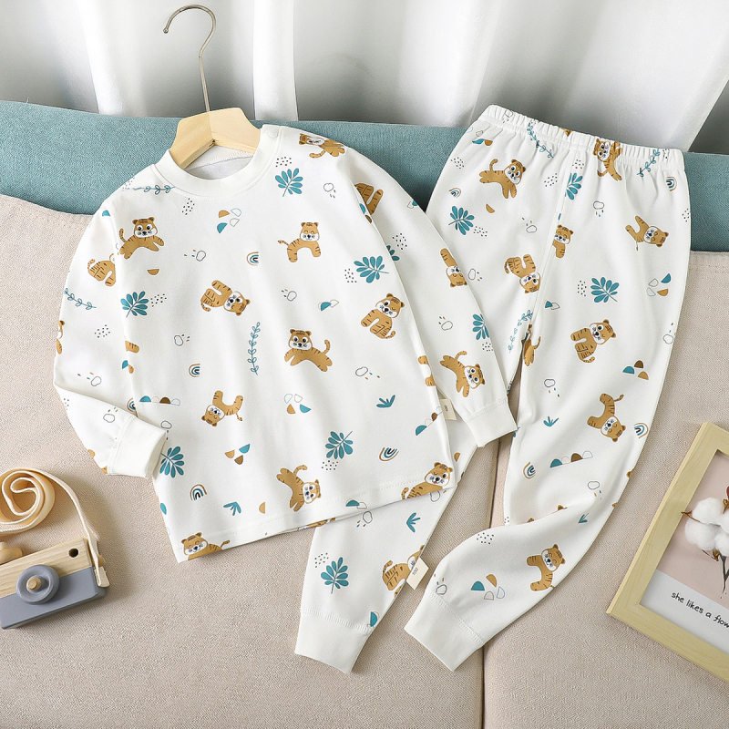 Set de pijamale din bumbac pentru copii, imprimeu desen animat, stil proaspăt și casual, confortabil pentru primăvară și toamnă, pentru băieți și fete.